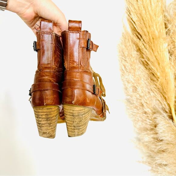 ANTHROPOLOGIE Brown Tan Lace Up Combat Booties Ankle Boot Buckle Zipper Heels 9 - Picture 13 of 16